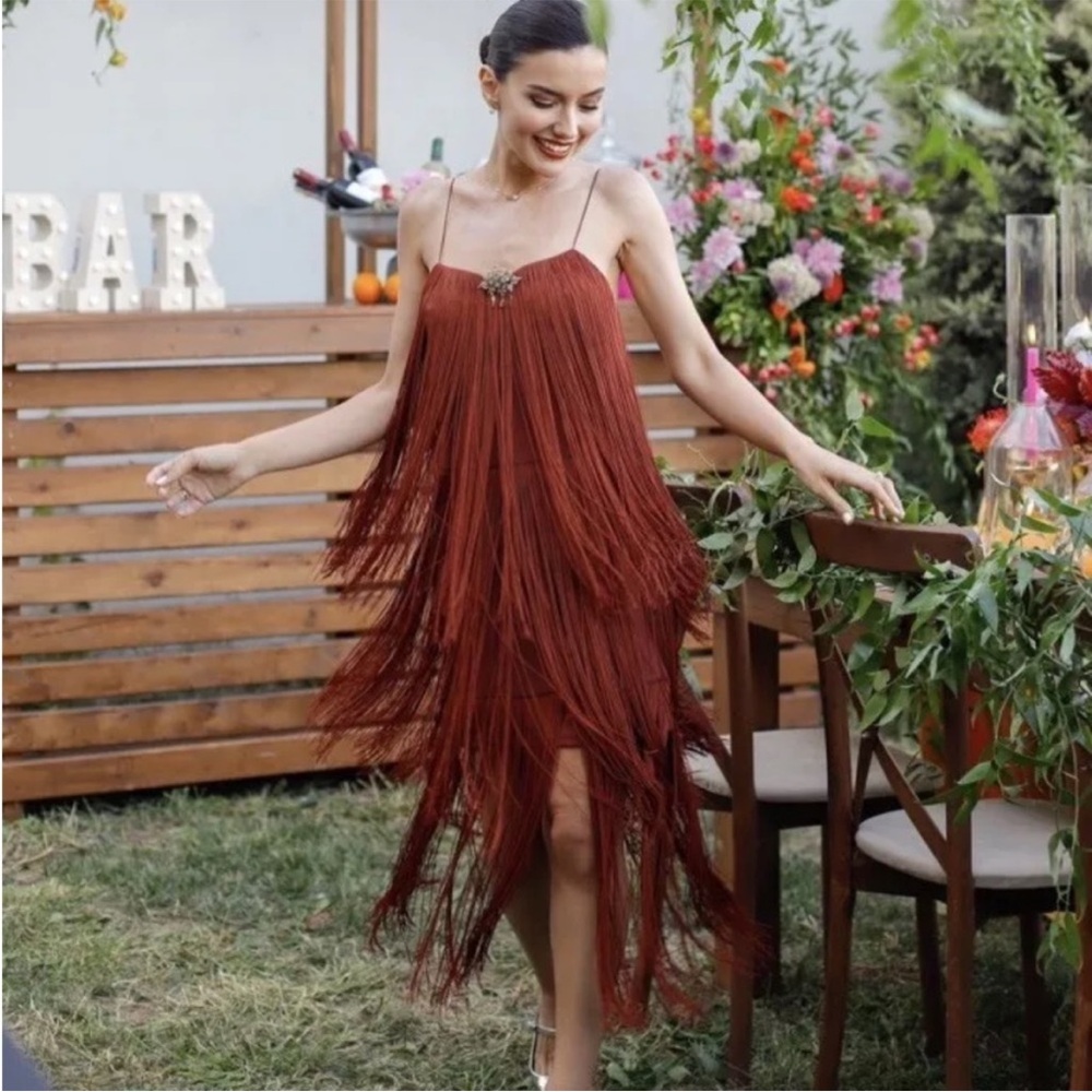 ZARA Brown Midi Fringe Dress NWT MEDIUM - Picture 8 of 11